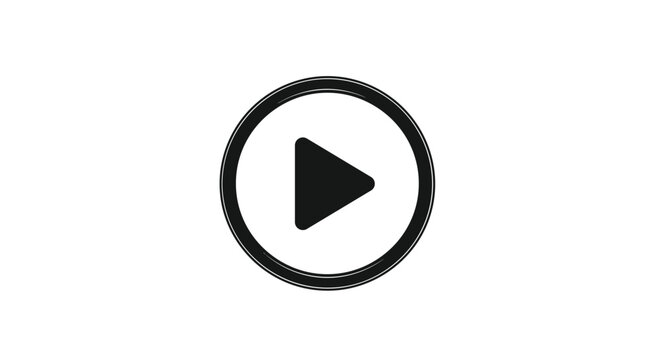 Black play button icon in a double circle isolated on a white background for various video and multimedia interfaces.