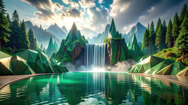 Geometric landscape with waterfall cascading into a reflective green pool