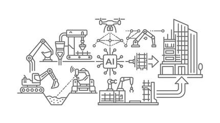 Fototapeta premium AI robotic construction site with drones and machinery.
