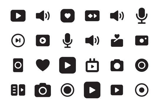 Black minimalist digital media interface buttons, functional icons for video playback sound settings photography and social likes on transparent grid.
