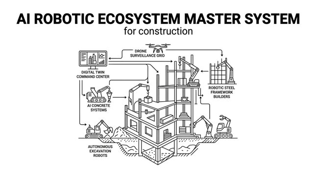 AI robotic ecosystem master system for automated construction.