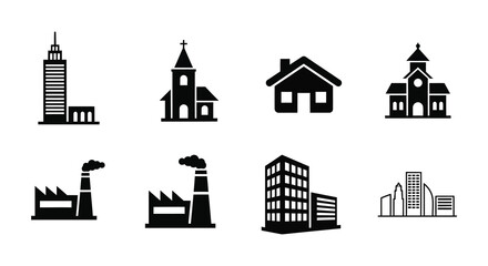 Fototapeta premium Building silhouettes collection black and white flat icons on white background