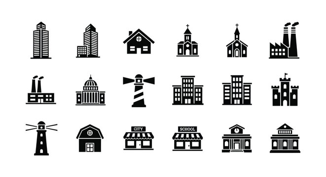 Building Silhouettes Collection Flat Black Icons On White Background