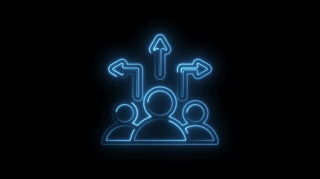 Abstract neon blue glowing icon representing group of people with multiple directional arrows