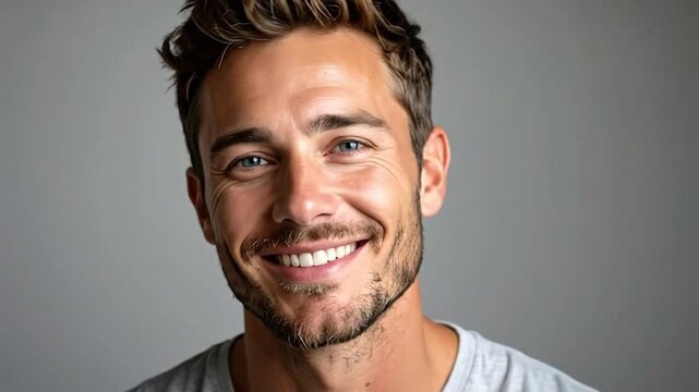 A portrait of a smiling man with a beard against a neutral gray background