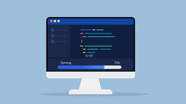 Animated flat vector illustration of a desktop monitor displaying source code, syncing status, and progress tracking. Modern software development and data synchronization workflow concept.