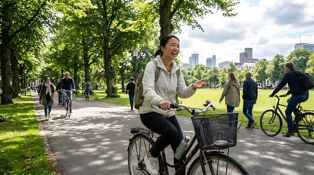 Happy Young Woman Riding a Bicycle Through a Green City Park in Summer
