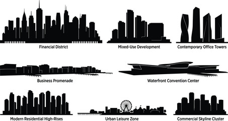 Obraz premium Modern Business District Skyline Silhouette Bundle with Commercial Urban Architecture