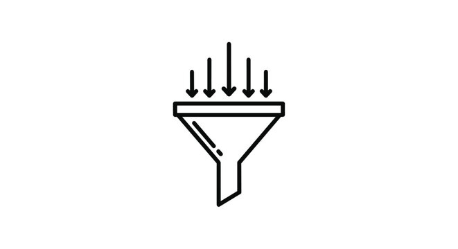 Black linear icon of a funnel with several arrows pointing downwards into it representing a marketing sales funnel or data processing filter system.