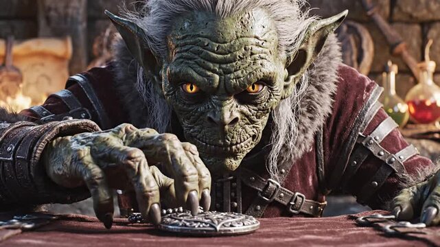 Evil Fantasy Orc Manipulating A Magical Artifact In A Dark Dungeon