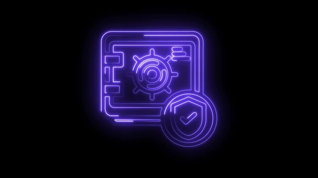 Neon purple safe icon with checkmark shield glowing on black background representing security