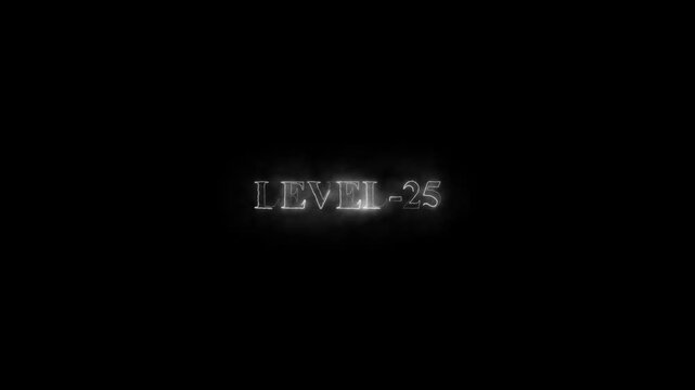 Level - 25 glowing text animation for video games, cinematic projects, and event displays.