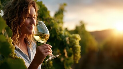 Fototapeta premium A woman savoring a glass of white wine amid lush grapevines during sunset, capturing the essence of relaxation and the beauty of nature in a vibrant vineyard setting.