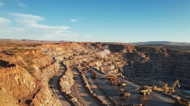 Industrial heavy excavators and trucks extracting minerals in a deep open-pit mine.