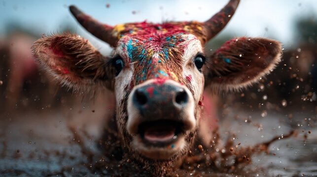 A playful cow splashes excitedly in muddy water, adorned with vibrant Holi colors, showcasing the joyous spirit of the festival and connection to nature.