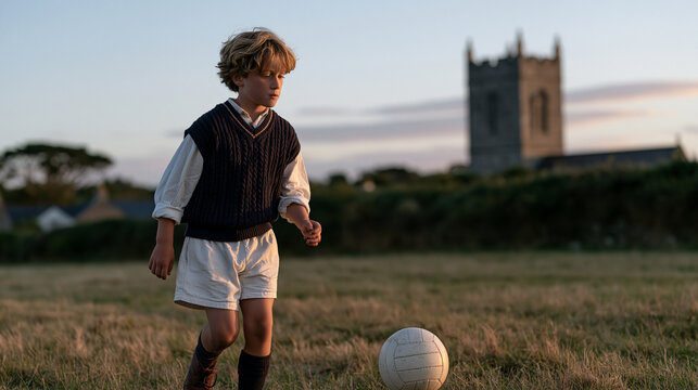 Gaelic football child practicing solo runs on a rural pitch alone at dusk, the ball bouncing off the toe and back to hand in a rhythmic sequence, a stone parish church tower just
