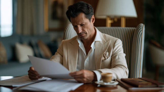 International freight forwarder in luxury hotel business lounge reviewing letter of credit documentation, air waybills spread across mahogany table, passport and customs bond