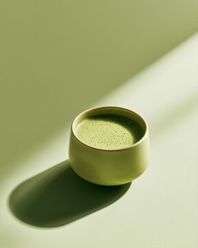 Minimal matcha Coffee scene, ceramic cup, soft natural shadows, zen atmosphere