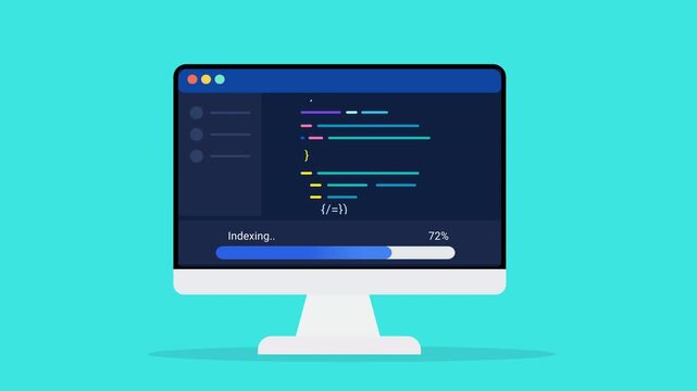 Animated flat vector illustration of a desktop monitor displaying source code, indexing status, and progress tracking. Modern software development and programming workflow concept.