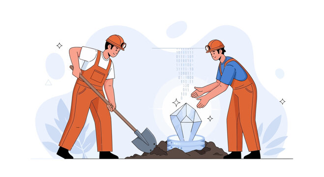 Cryptocurrency Mining Concept: Miners Digging for Digital Gold and Blockchain Data