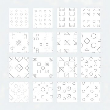 Set of 16 seamless geometric patterns with minimalist line art shapes.