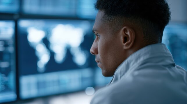Network administrator responding to phishing attack notifications using a futuristic security console with threat maps and incident response tools