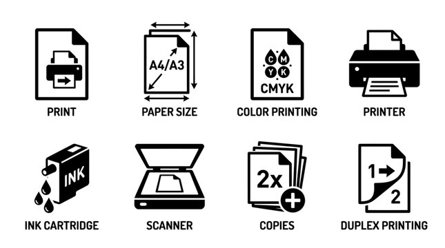 Set of productivity icons including print, paper size, color printing, printer, ink cartridge, scanner, copies, and duplex printing