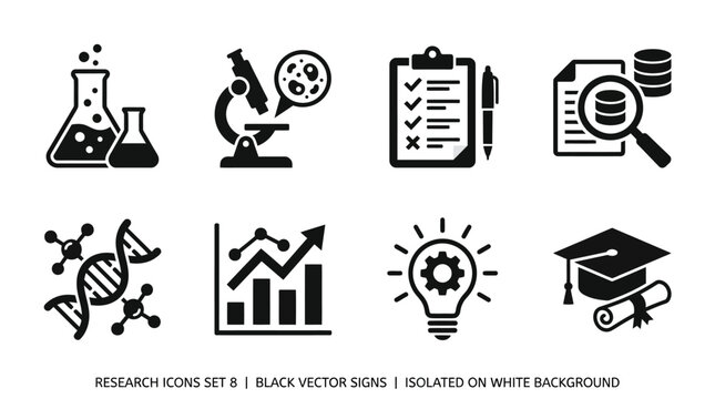 Collection of Research Icons - Black Vector Graphics for Scientific and Educational Use