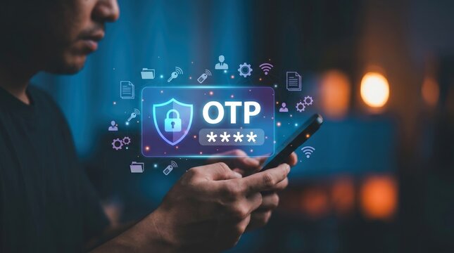 Cybersecurity, Two-Factor Authentication, and Data Protection Concept: Side View of Blurred Person Typing on Smartphone with Sharp Holographic OTP Verification Code, Security Shield, and 4-Digit