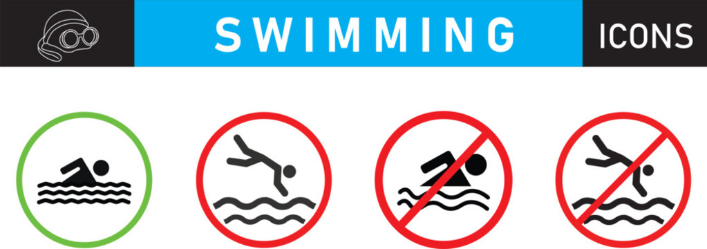 Swimming Pool Rules Sign Set. Safe Swimming Allowed and No Diving Vector Warning Icons