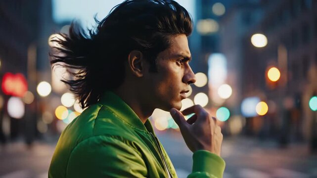 Profile Portrait of Young Man in Lime Green Jacket with Wind Blown Hair against Urban Bokeh