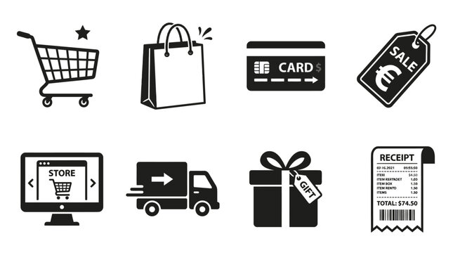 Essential Black and White Vector Icon Set for E-commerce, Online Shopping, and Retail Business, Depicting Payment, Delivery, Cart, and Transaction Elements