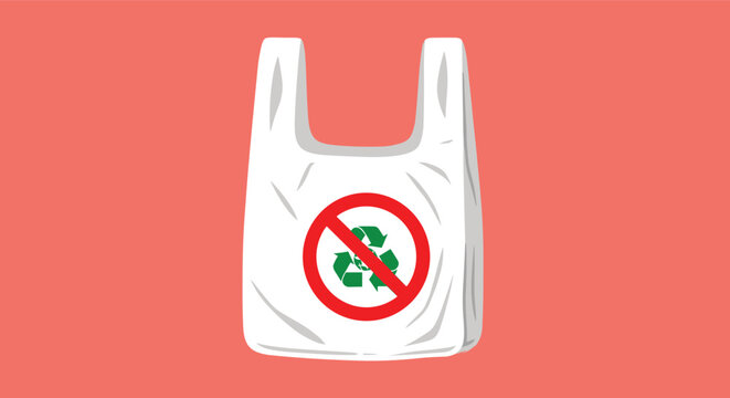 White plastic shopping bag with a red prohibition symbol over a recycling logo on a solid coral background representing pollution.