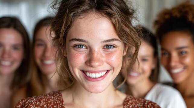 Five joyful young women with smiles and vibrant expressions capture the essence of friendship, happiness, and shared moments, creating an uplifting atmosphere.