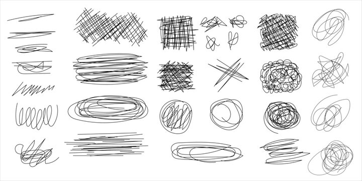 Abstract decorative black ink scribble line doodle vector illustration set. Simple sketch crosshatch texture grid collection, minimalist messy tangled pencil loop element pack isolated on white backgr