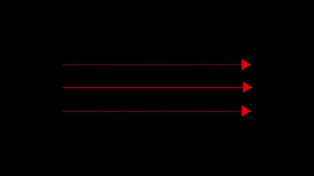 Black straight arrows animation. Reveal and hide animation of solid, dashed, and dotted arrows. Isolated on a white background. Glowing arrow animation.