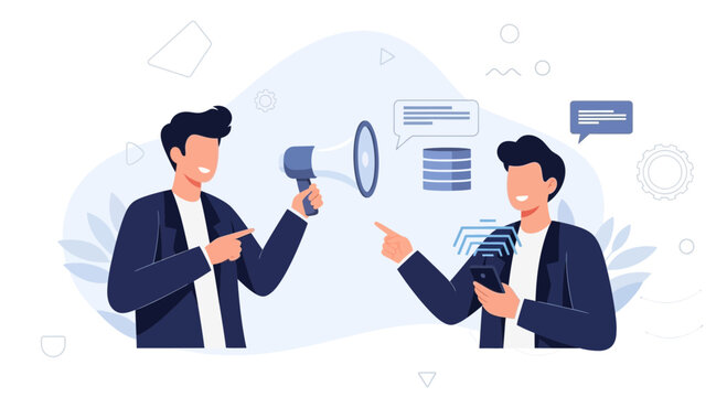 Businessmen communicating data and information with megaphone and smartphone, concept of digital marketing and strategy.