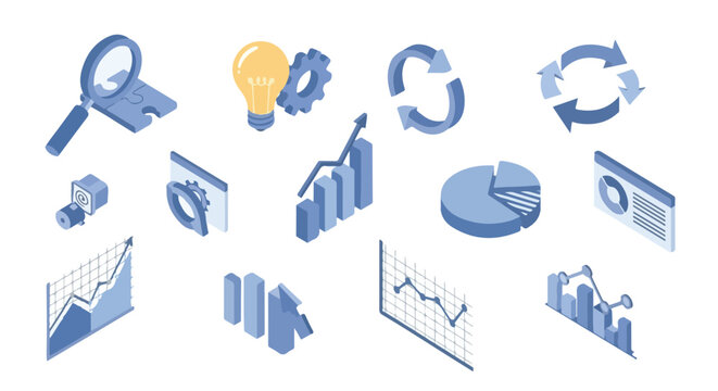This set of isometric business and data analysis icons includes various charts, graphs, a lightbulb, and a magnifying glass on a white background.