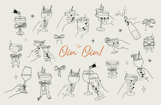 Cin cin. Cheers cocktails champagne wine. Hand holding cocktail. hand drawn doodles.
