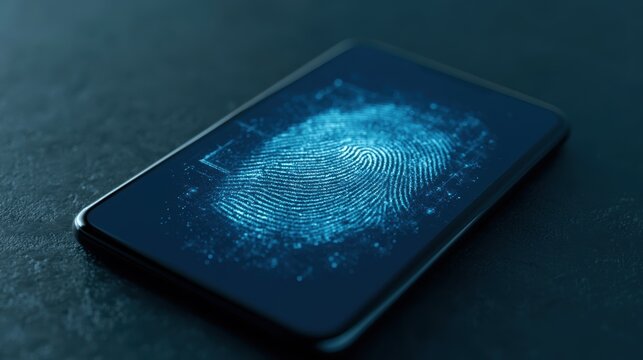 Financial cybersecurity visualization with holographic fingerprint scanning technology identifying fraudulent activities and preventing unauthorized account access on a mobile device