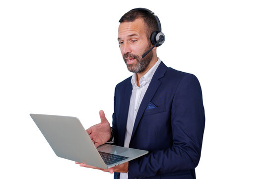 Business person working remotely, making a video call on laptop, wearing a headset, providing online customer support, transparent background