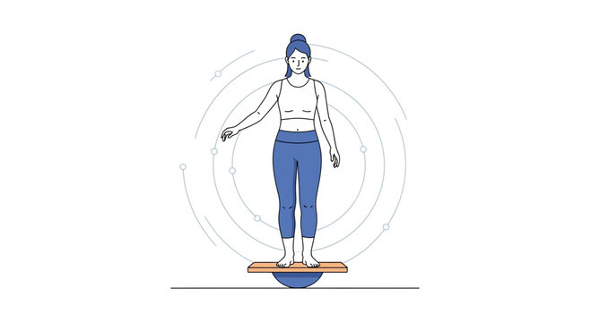 Woman Balancing on Balance Board, Focused on Core Strength and Stability Training, Minimalist Line Art Style