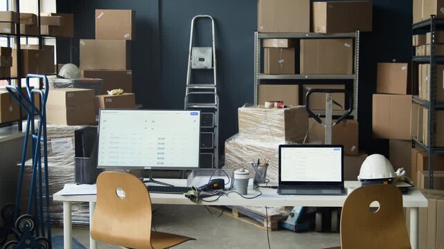 Establishing shot of warehouse workstation displaying logistics software on computer and laptop near stacked cardboard boxes. Footage is perfect for supply chain management and e-commerce marketing