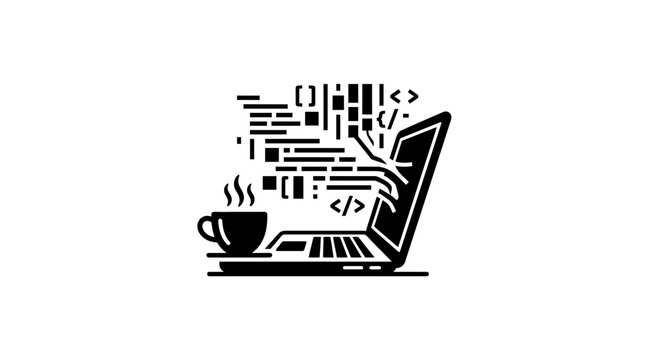 A black and white vector illustration of a laptop with code symbols and a steaming coffee cup.