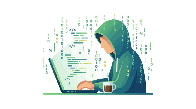 A hooded programmer working intensely on a laptop computer.
