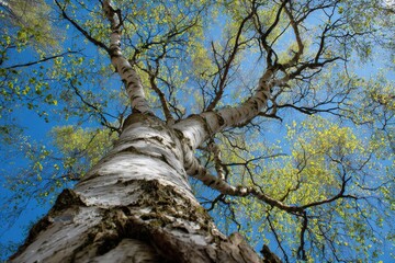Fototapeta premium Looking Up Through Birch Tree Branches Towards a Bright Blue Sky.