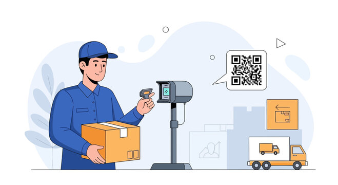 Delivery man scanning package with QR code and barcode scanner, logistics and shipping concept