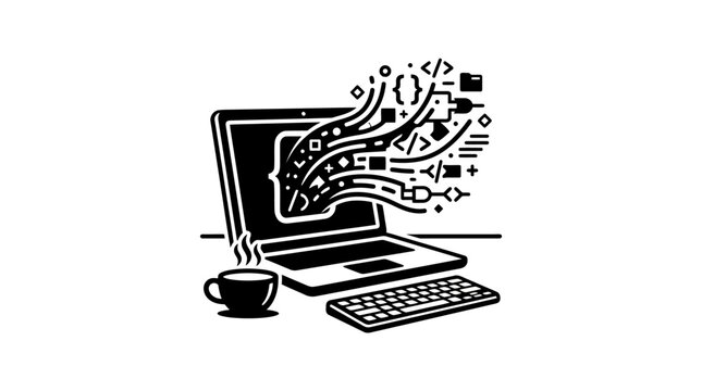 A black and white line art illustration of a laptop computer with coding symbols flowing out of the screen next to a steaming cup of coffee.