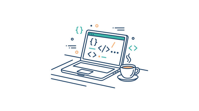 A stylized laptop computer displaying programming code with a steaming cup of coffee.