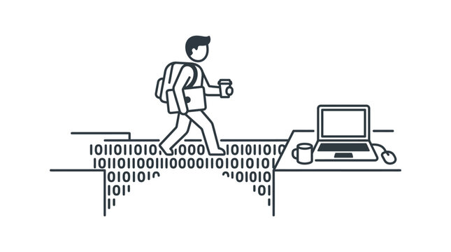 A student walking across a bridge made of binary code towards a laptop.